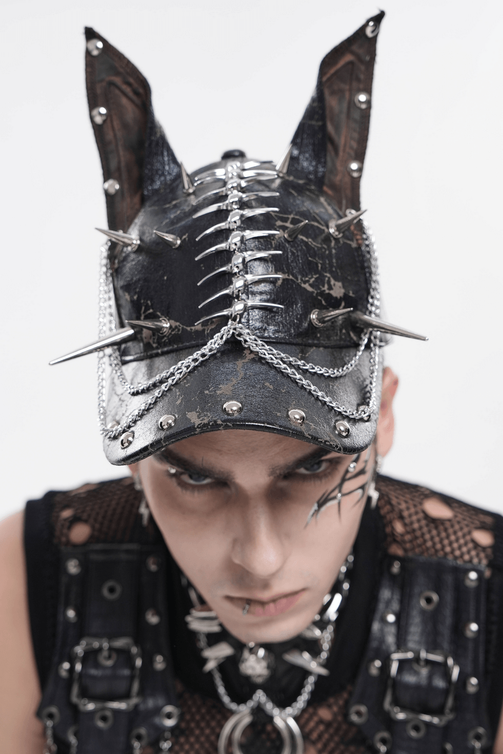 Gothic Spiked Cat Ear Cap With Studded Chains