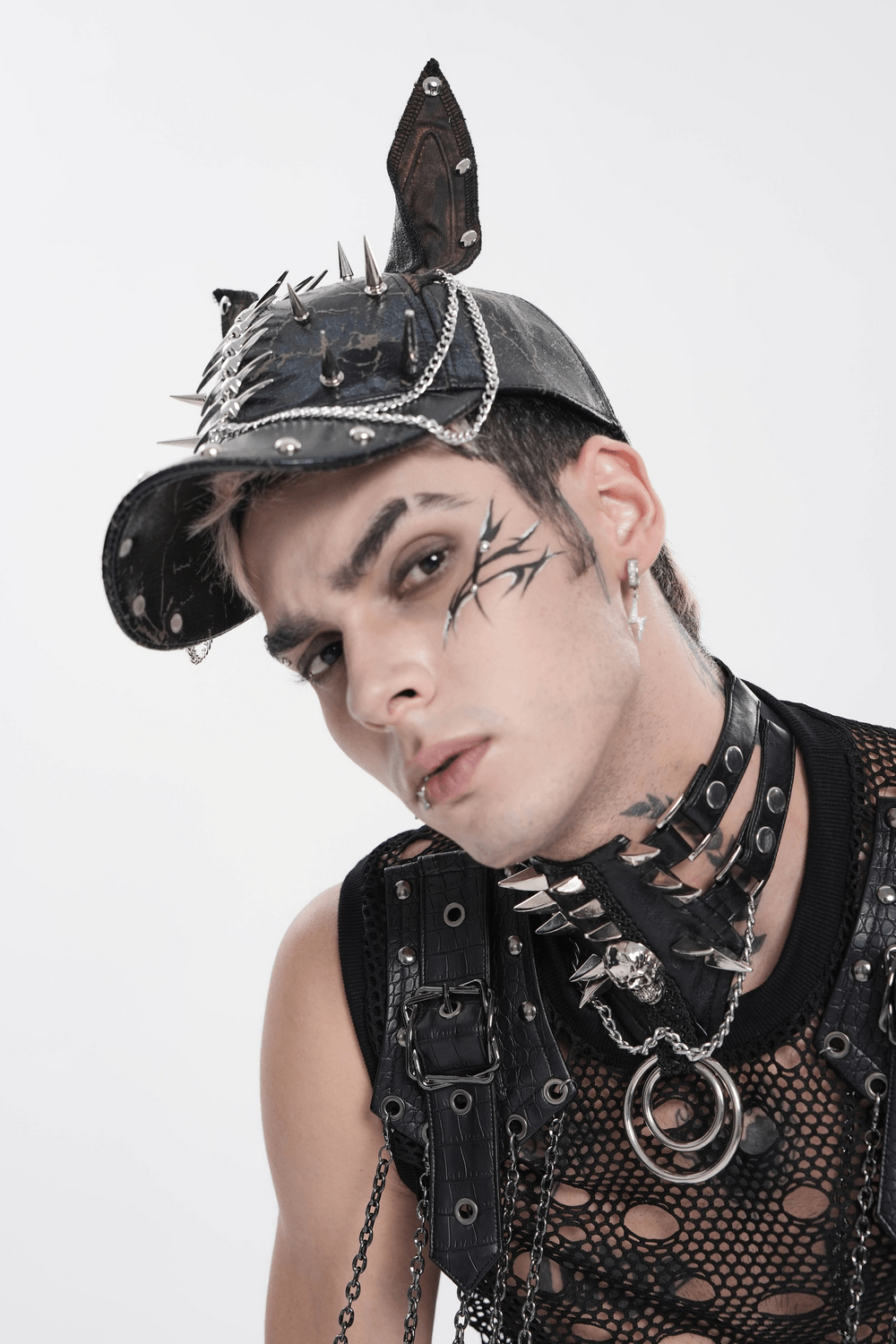 Gothic Spiked Cat Ear Cap With Studded Chains