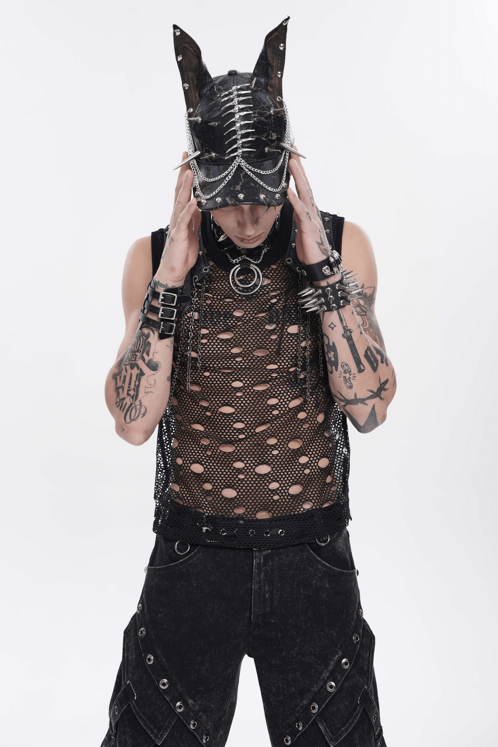 Gothic Spiked Cat Ear Cap With Studded Chains