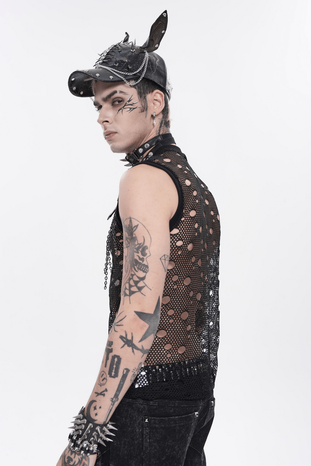 Gothic Spiked Cat Ear Cap With Studded Chains