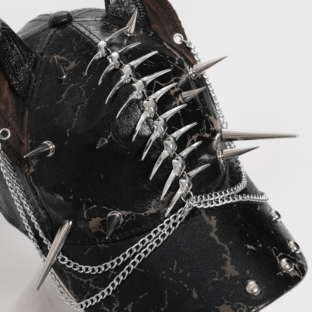 Gothic Spiked Cat Ear Cap With Studded Chains
