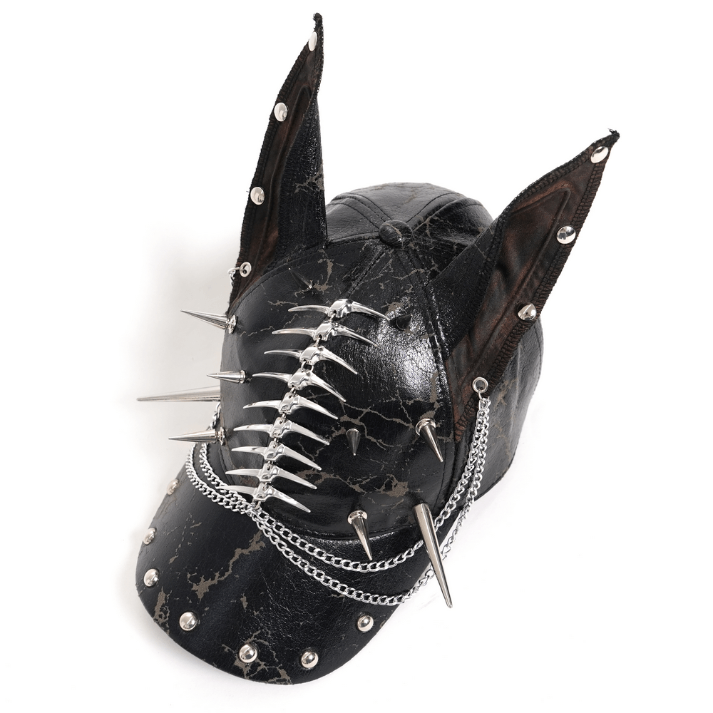Gothic Spiked Cat Ear Cap With Studded Chains