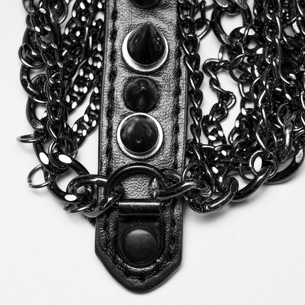 Close-up of a gothic spiked crown's black chains and leather details, showcasing punk spike design and edgy style.