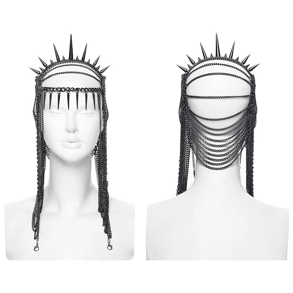 Gothic spiked chain headpiece with punk thorn design, showcasing a fierce crown with layered chains.