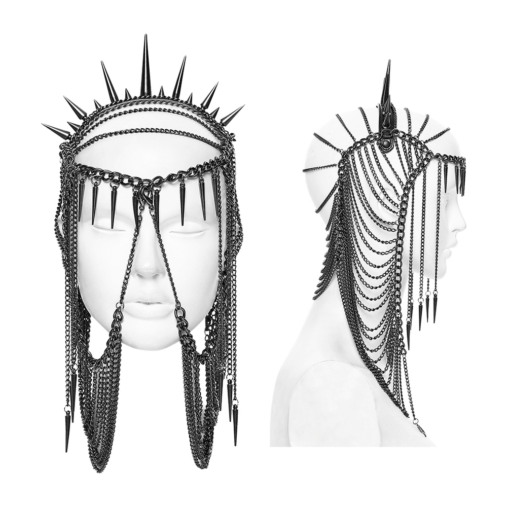 Gothic spiked headpiece with chains and punk thorn design, perfect for edgy fashion and bold performances.