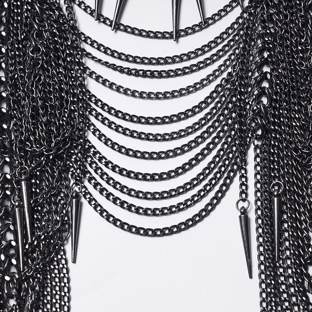 Close-up of a gothic spiked chain headpiece with layered chains and thorn-like spikes for a punk aesthetic.