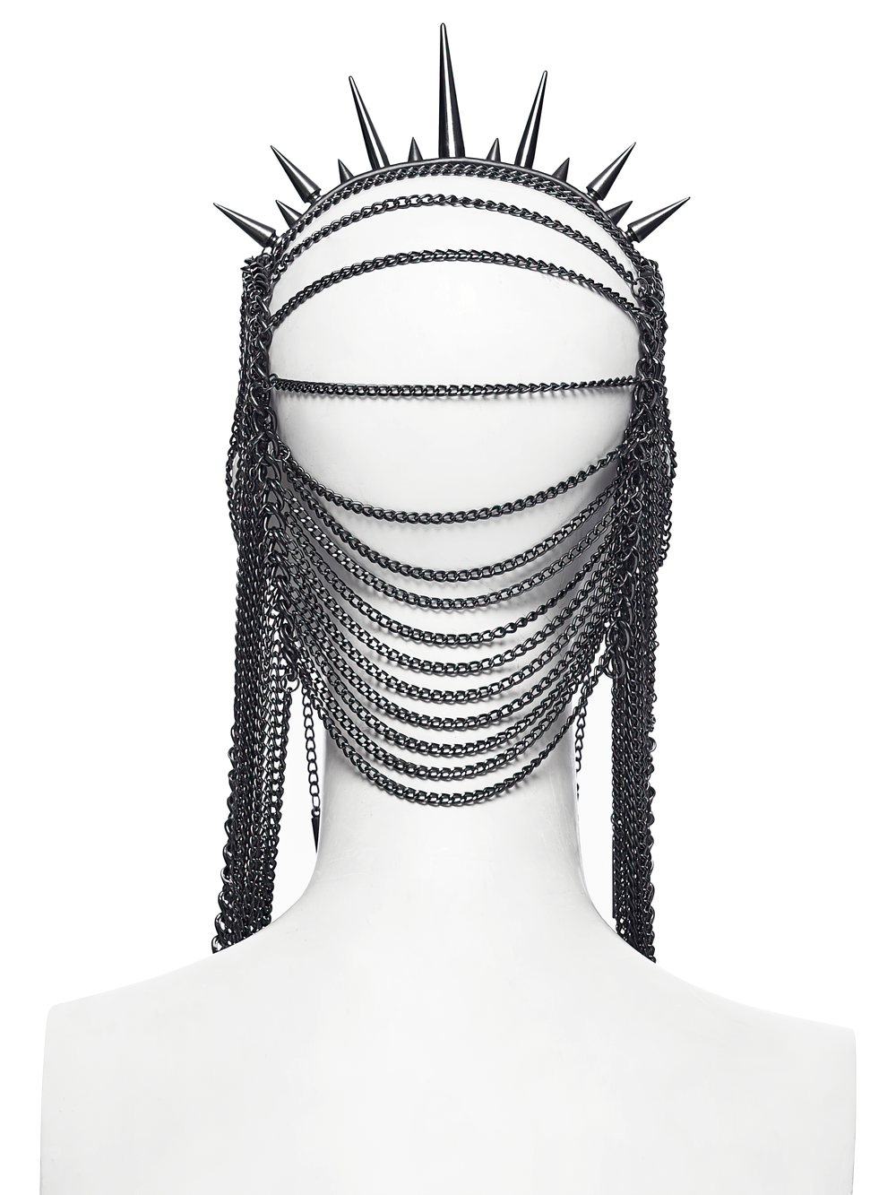 Gothic spiked chain headpiece with punk thorn design on a mannequin, showcasing edgy style and dark aesthetics.