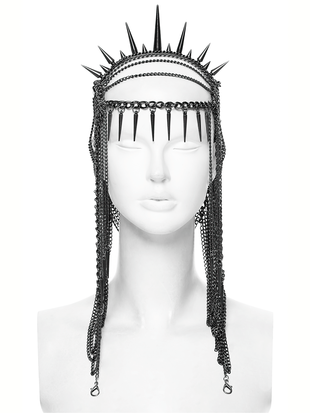 Gothic spiked chain headpiece with punk thorn design, perfect for bold fashion statements and performances.