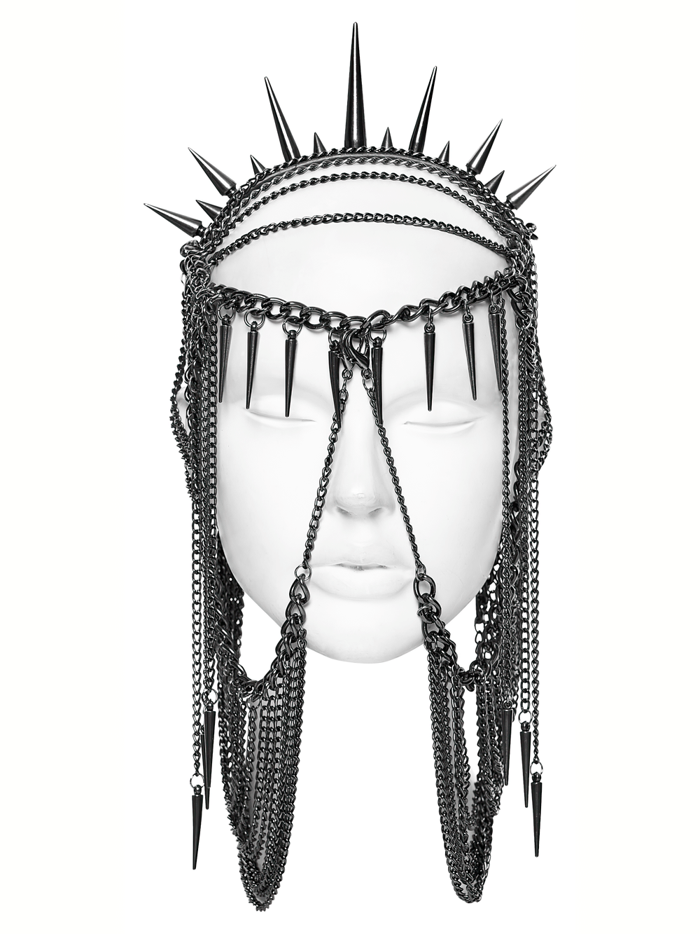 Gothic spiked chain headpiece with punk thorn design for bold fashion statements and edgy looks.