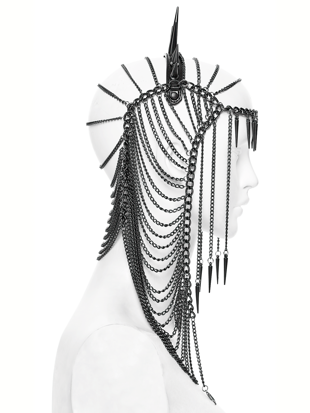 Gothic spiked headpiece with chains and thorn design, perfect for punk fashion and bold stage looks.