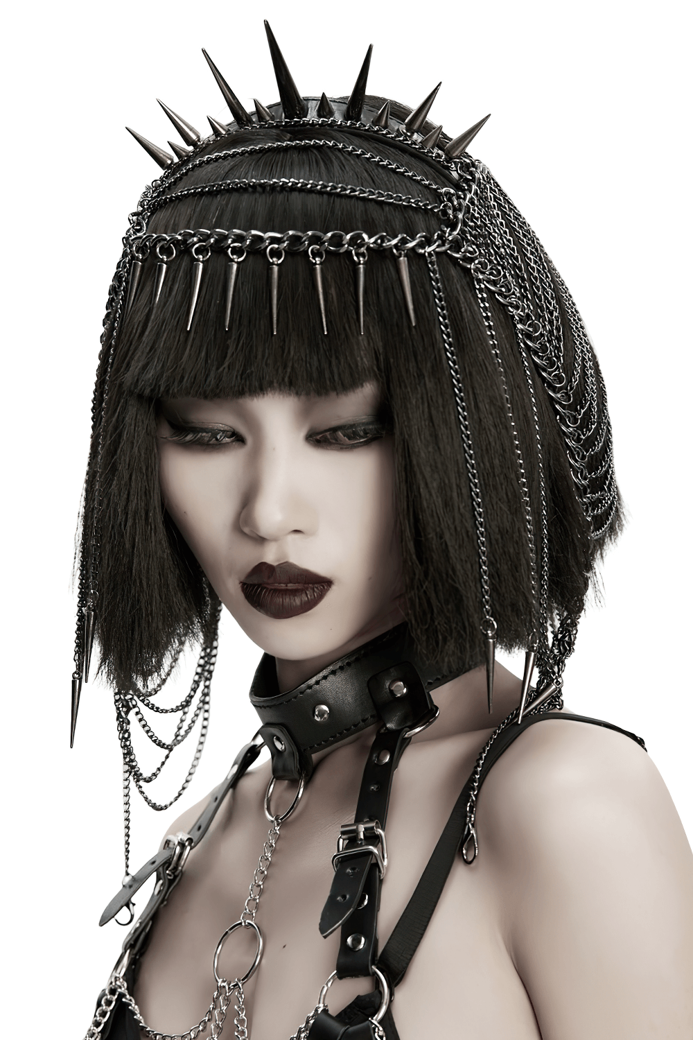 Gothic spiked chain headpiece with punk thorn design, showcasing edgy fashion style and dominance.