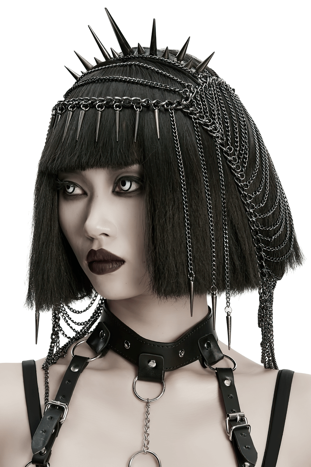 Gothic spiked chain headpiece featuring punk thorn design on model, perfect for edgy fashion and bold style.