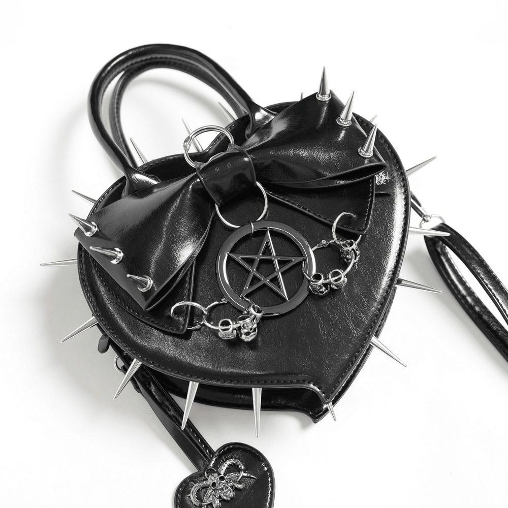 Gothic Spiked Heart Handbag with Pentagram Charm features spikes, skull charms, and a sculpted bow.