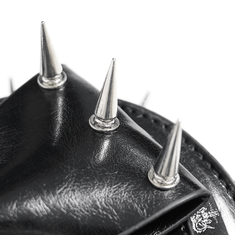 Gothic Spiked Heart Handbag with Pentagram Charm showing sharp metal spikes and textured black synthetic leather.