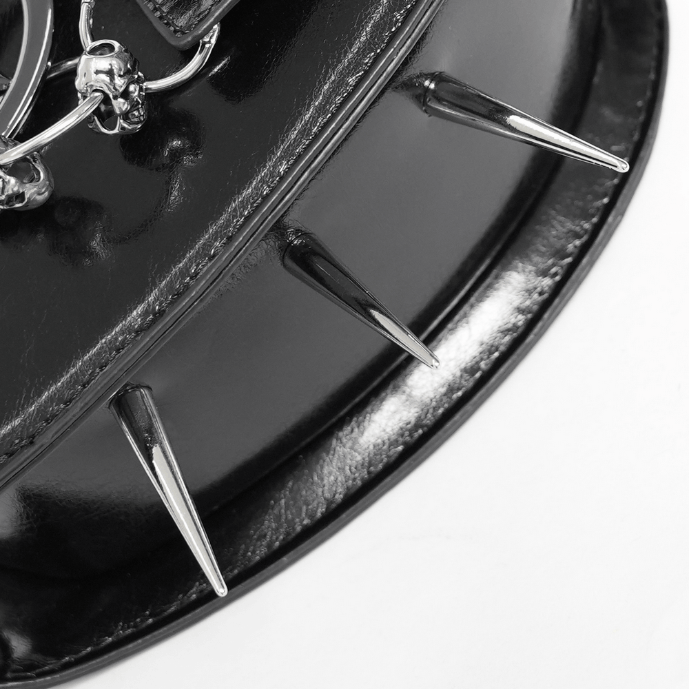 Gothic Spiked Heart Handbag with Pentagram Charm close-up showing spikes and skull details.