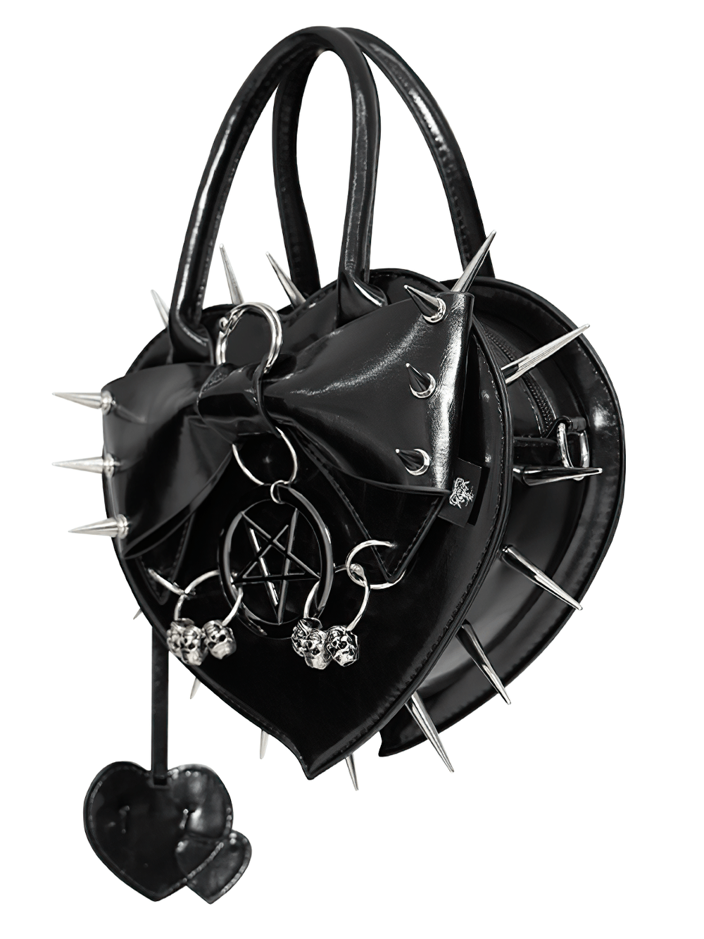 Gothic Spiked Heart Handbag with Pentagram Charm featuring spikes, skulls, and a bow for a punk gothic style.