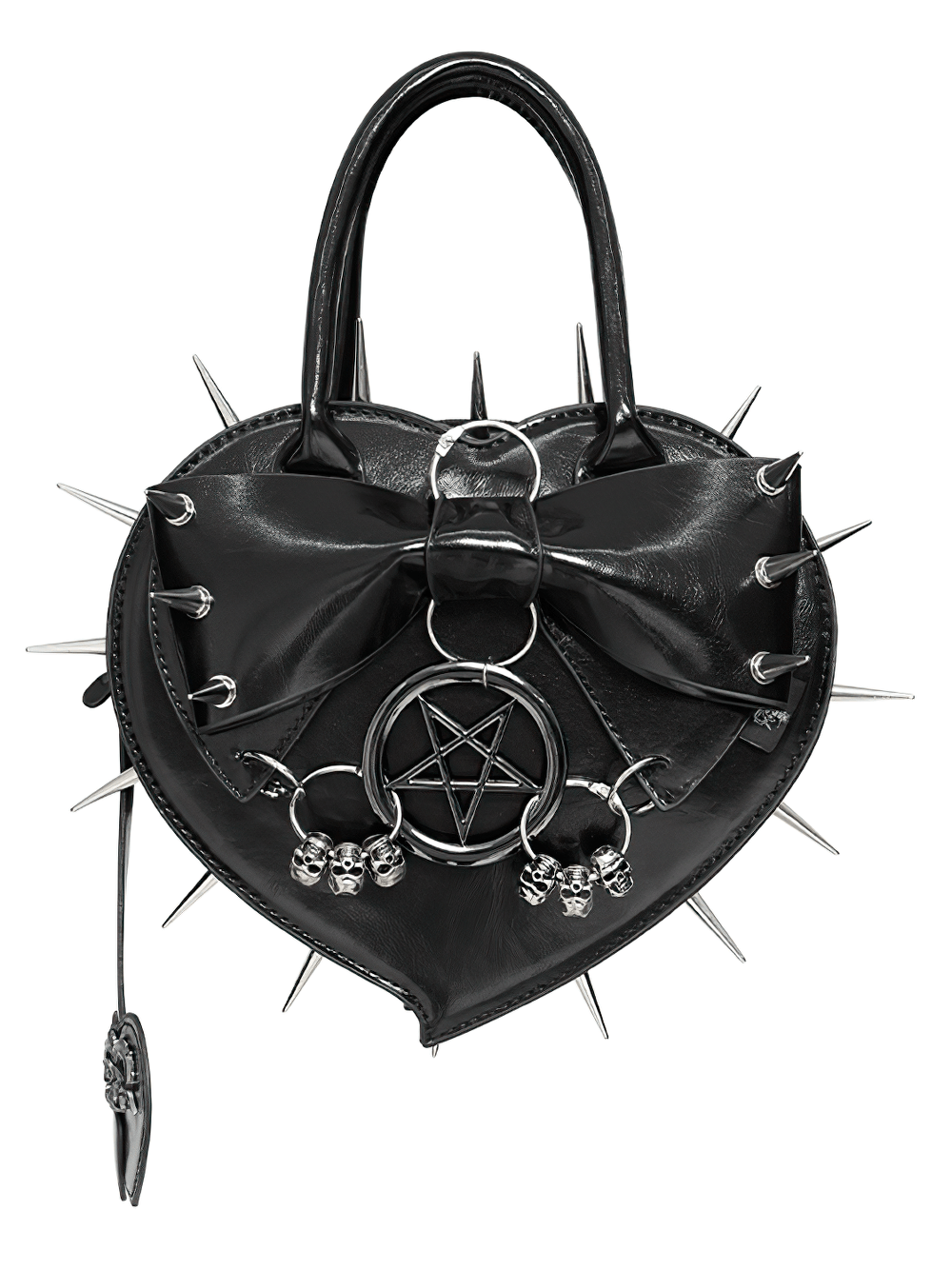 Gothic Spiked Heart Handbag with Pentagram Charm - black heart-shaped handbag with studs and skulls.