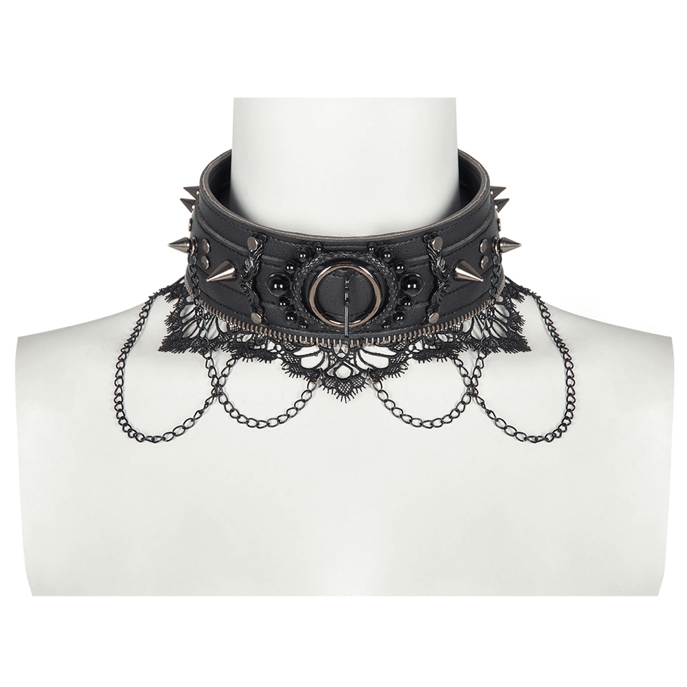 Gothic Spiked Neckwear with Lace and Chain Detail