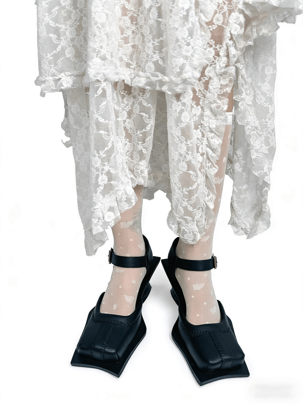Gothic Square Toe Mary Jane Pumps with Flared Heels, black buckle-strap Mary Janes with sculptural heels and lace skirt styling