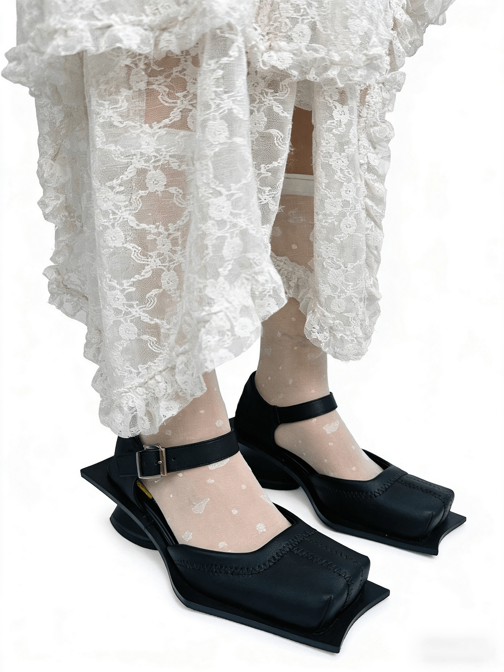 Gothic Square Toe Mary Jane Pumps with Flared Heels, black avant-garde buckle strap shoes with sculptural heels