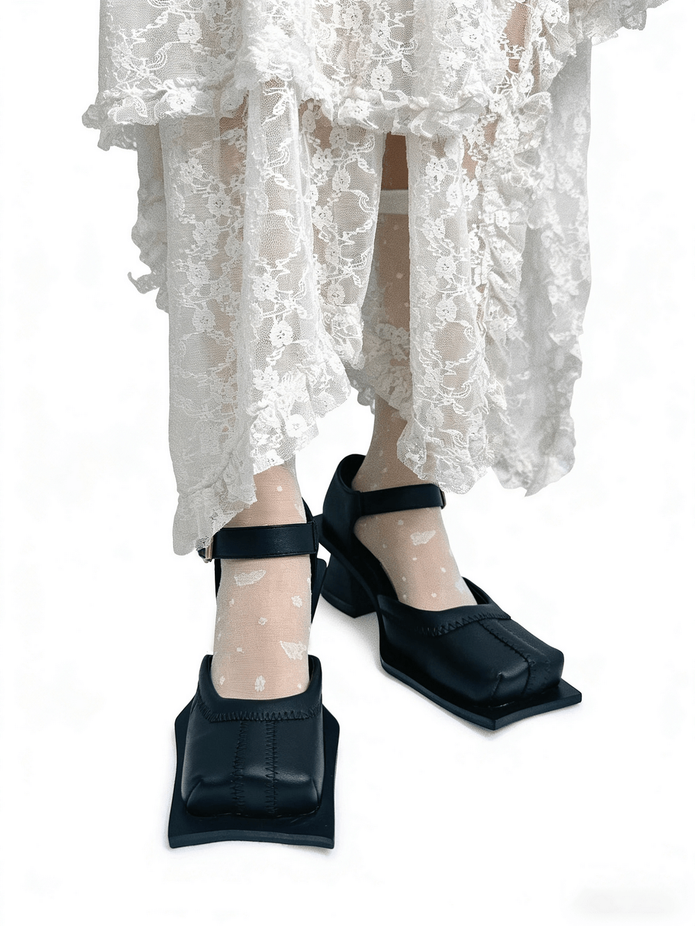 Gothic Square Toe Mary Jane Pumps with Flared Heels in black with lace skirt and sculptural buckle strap styling
