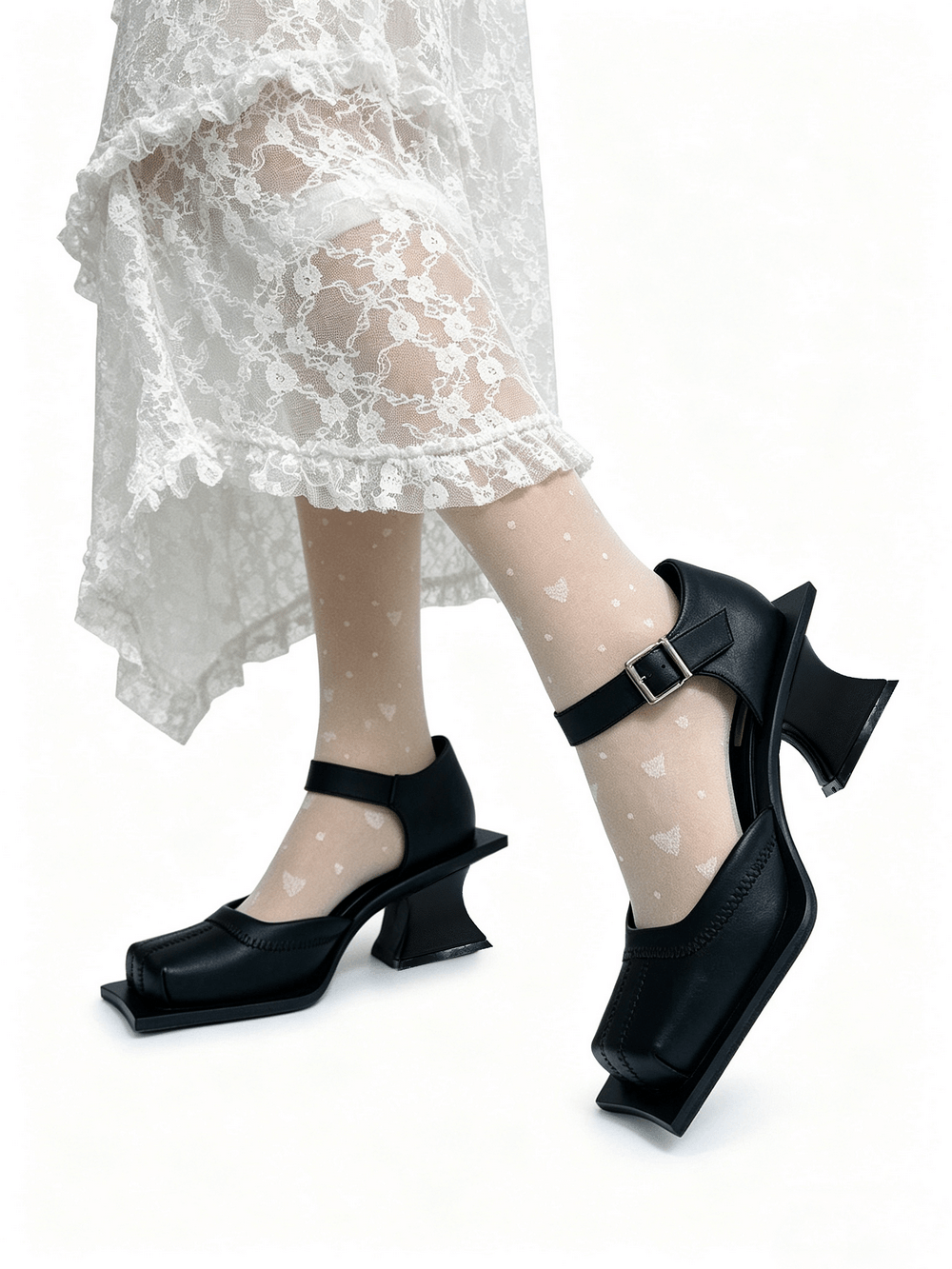 Gothic Square Toe Mary Jane Pumps with Flared Heels, black avant-garde buckle strap shoes with sculptural heels