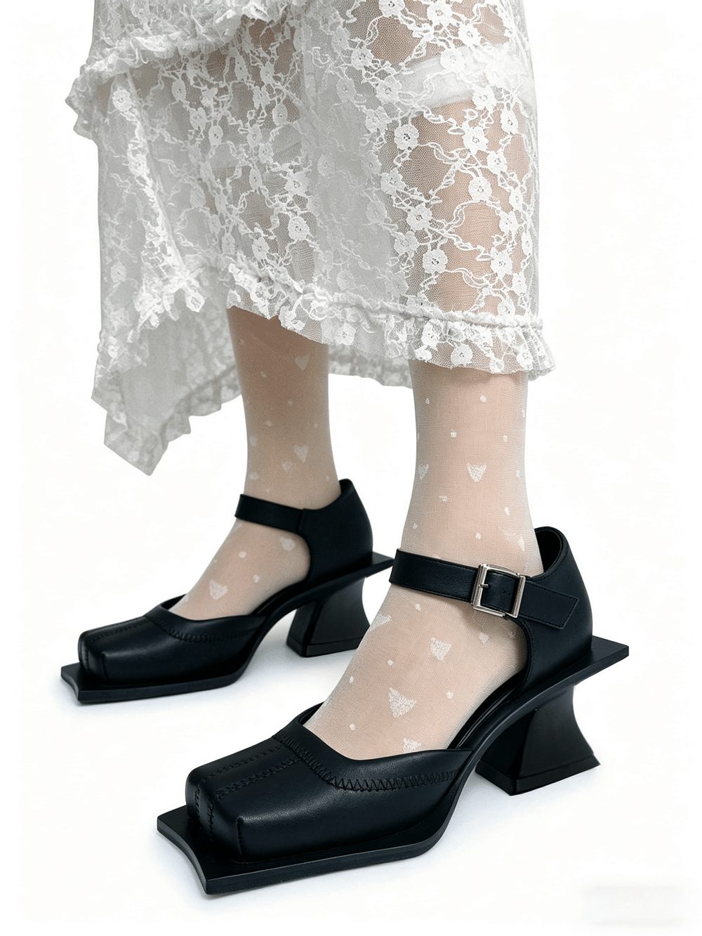 Gothic Square Toe Mary Jane Pumps with Flared Heels, black avant-garde buckle strap shoes