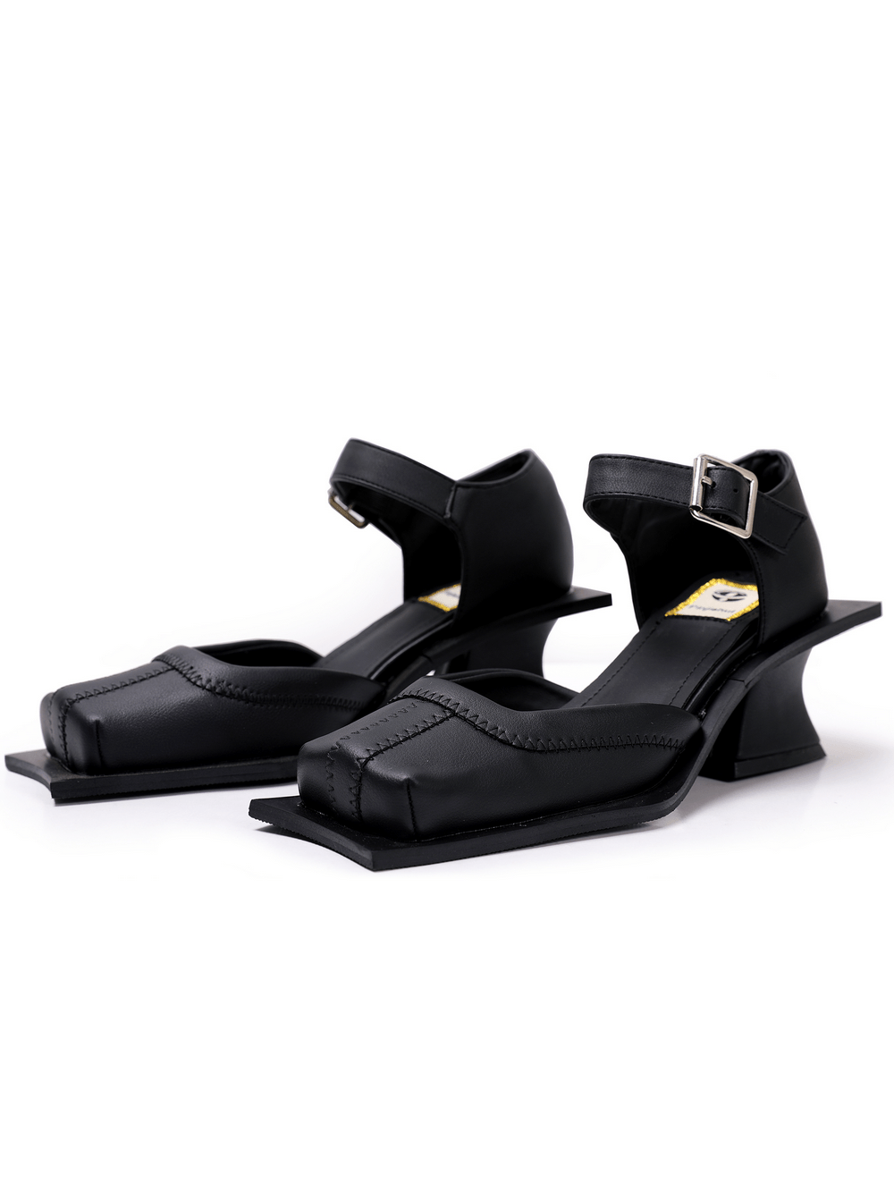 Gothic Square Toe Mary Jane Pumps with Flared Heels black buckle-strap women's pumps with sculptural heels