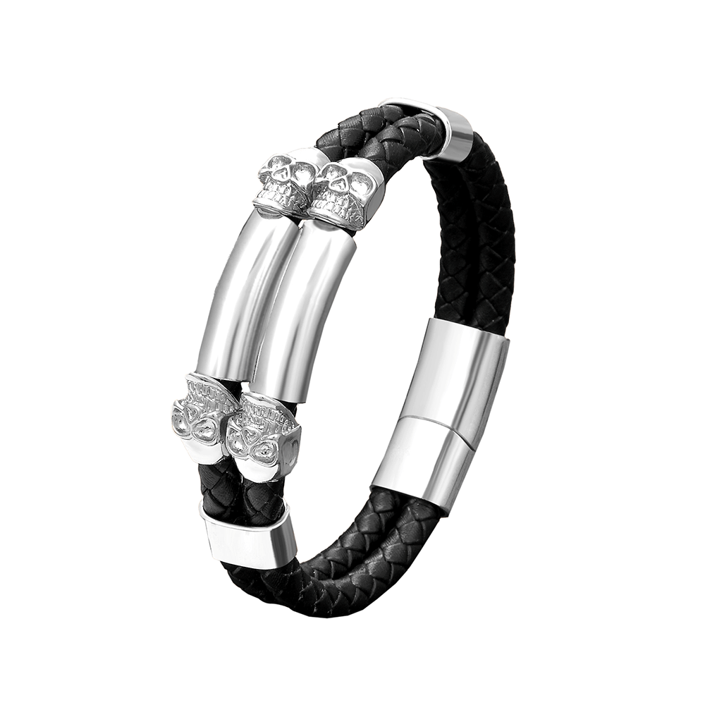 Gothic Stainless Steel Bracelet with Skull / Stylish PU Leather Bangles / Heavy Metal Accessories - HARD'N'HEAVY