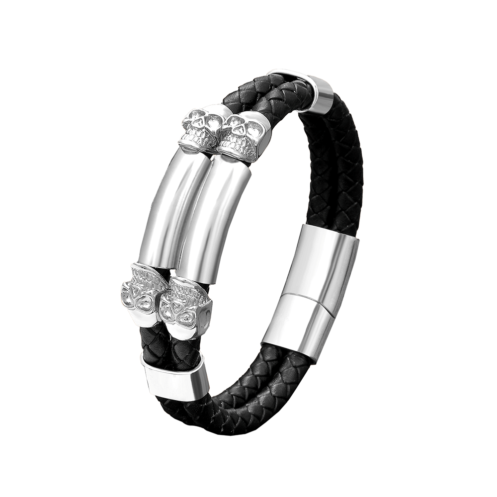 Gothic stainless steel bracelet with skulls and PU leather, perfect for heavy metal enthusiasts.