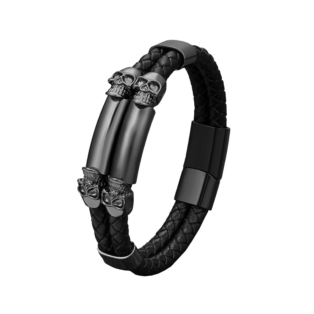 Gothic stainless steel bracelet with skulls and PU leather, perfect for edgy unisex heavy metal fashion.