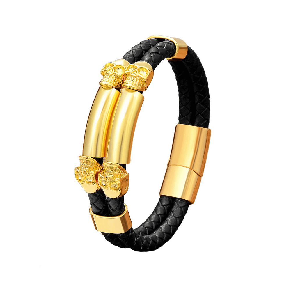 Gothic stainless steel bracelet with skull and PU leather for edgy unisex style