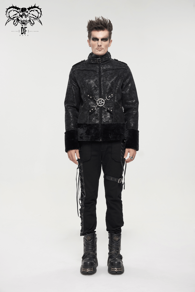 Gothic men's jacket with buckle and pentagram, stylish black design for modern gothic fashion.