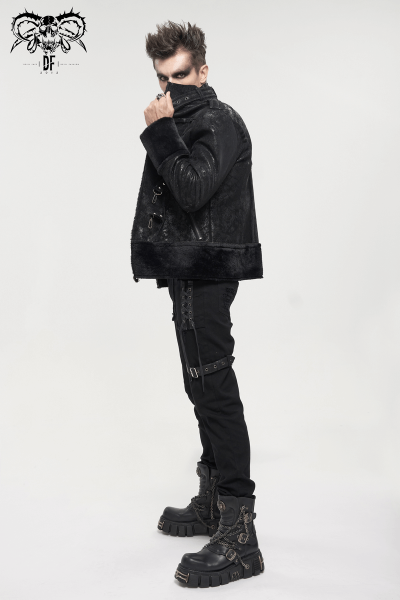 Gothic men's black jacket with buckle and pentagram detail, stylish PU leather design, perfect for modern gothic fashion.