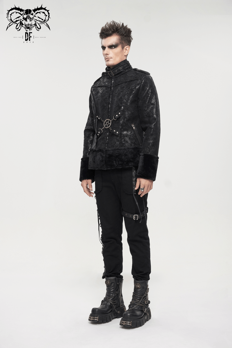 Gothic men's black jacket with buckle and pentagram detail, stylish PU leather design.