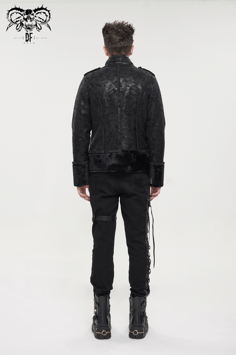 Back view of a man in a gothic black stand collar jacket with buckle and pentagram details.