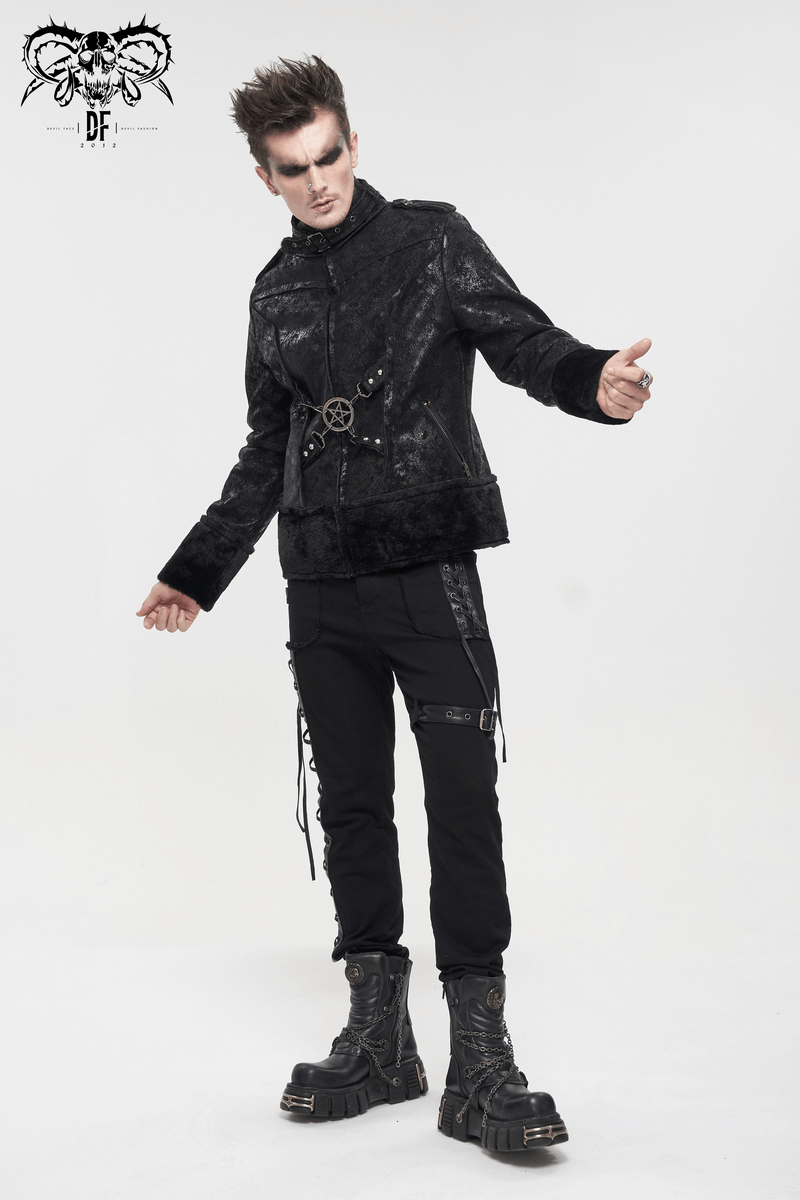 Gothic men's jacket with buckle and pentagram, stylish black PU leather design.