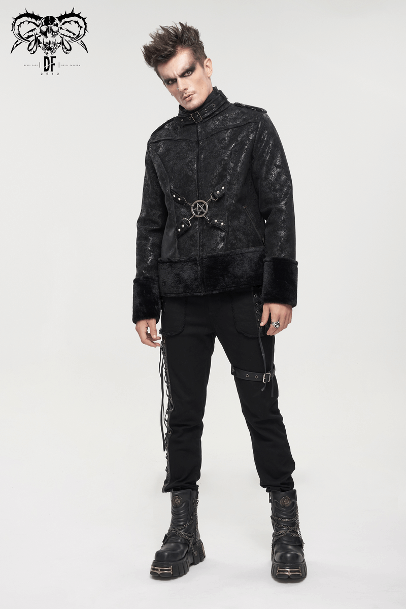 Gothic men's jacket with buckle and pentagram in black PU leather, featured on stylish model.