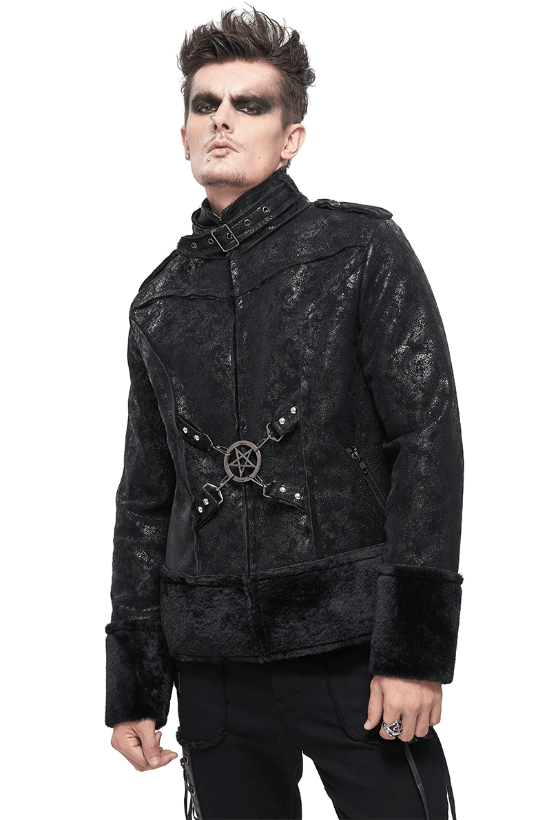 Gothic Stand Collar Splice Jacket with Buckle and Pentagram Metal / Short Jacket With Faux Fur - HARD'N'HEAVY