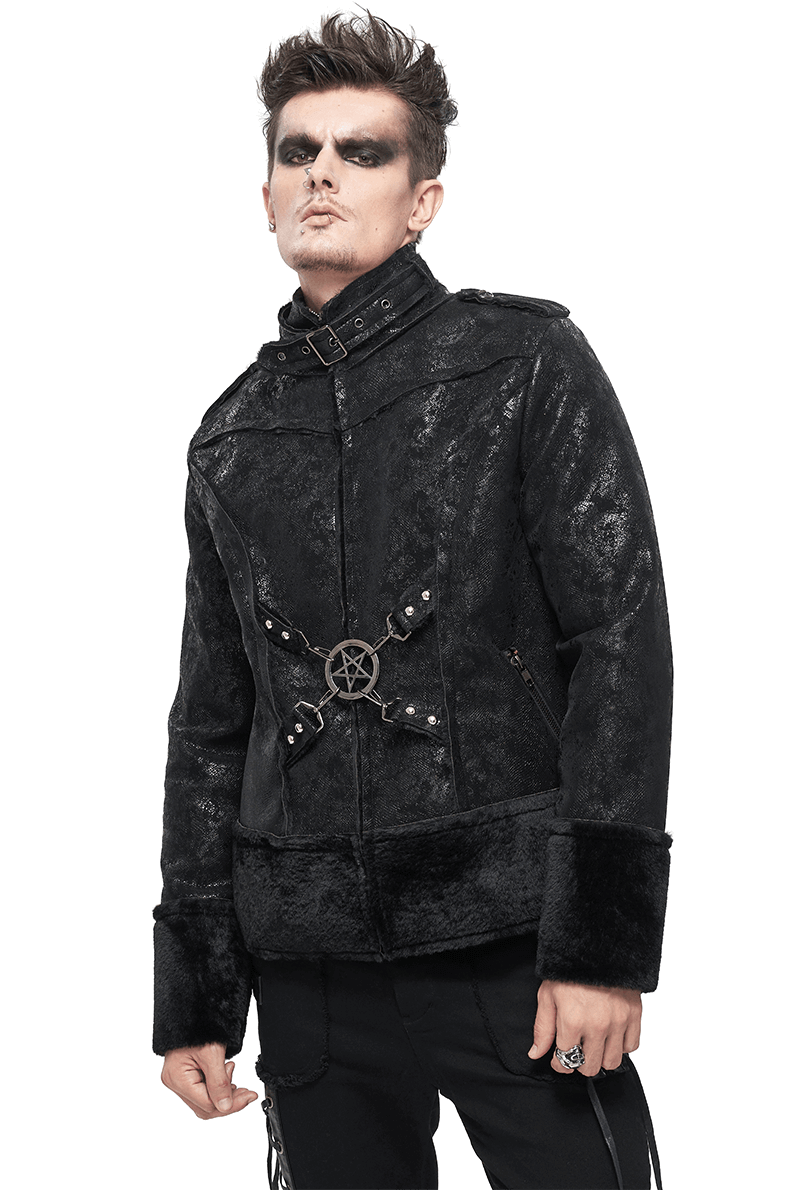 Gothic men's stand collar jacket featuring a buckle and pentagram, crafted from quality PU leather.