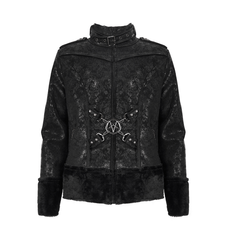 Gothic Stand Collar Splice Jacket with Buckle and Pentagram Metal / Short Jacket With Faux Fur - HARD'N'HEAVY