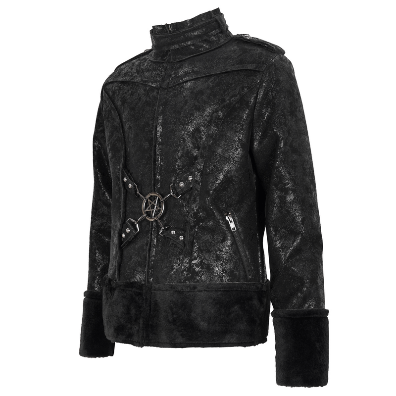 Gothic Stand Collar Splice Jacket with Buckle and Pentagram Metal / Short Jacket With Faux Fur - HARD'N'HEAVY