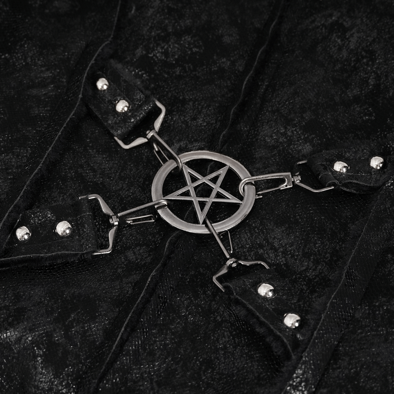 Close-up of a stylish gothic men's jacket featuring a metal pentagram buckle detail.