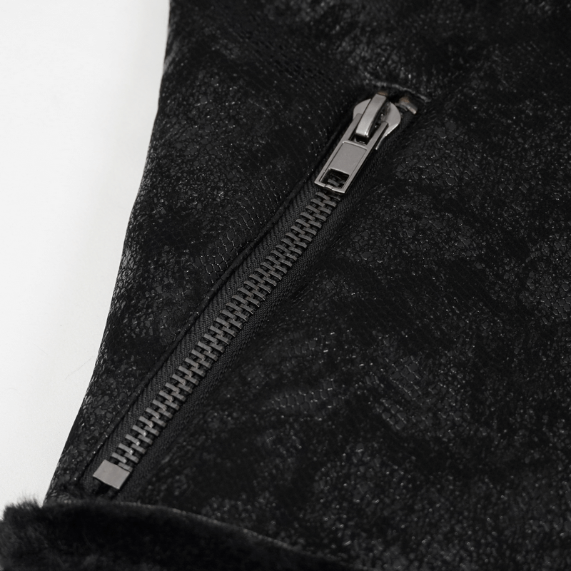 Close-up of a stylish black zipper on a gothic PU leather jacket, showcasing modern fashion details.