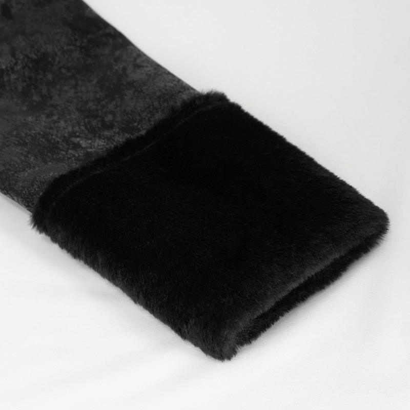 Close-up of the soft black faux fur cuff of a gothic men's jacket with stylish texture.