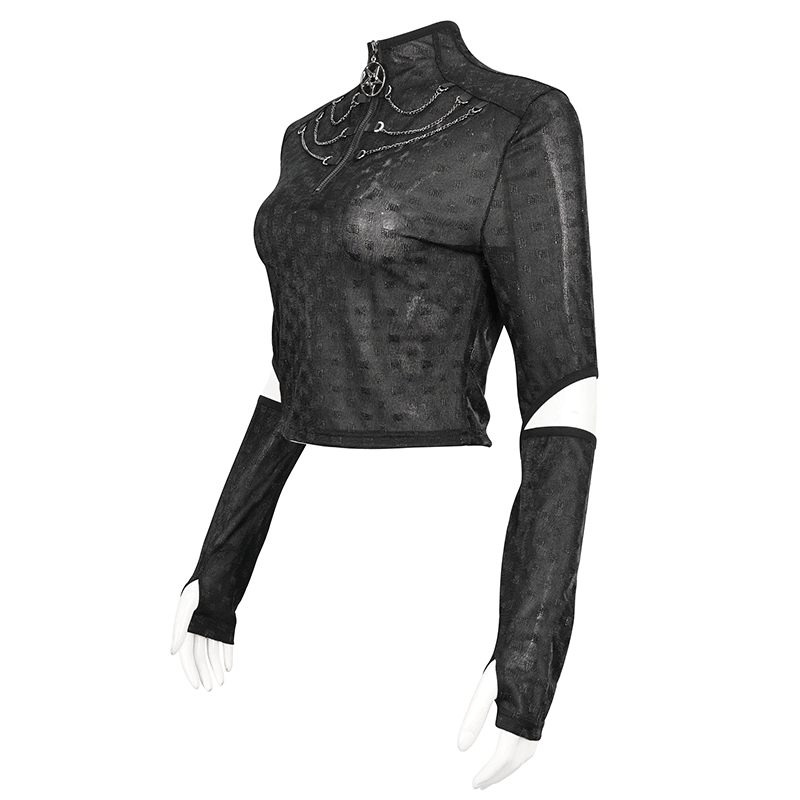 Gothic women's long-sleeve top with pentagram zipper and split long sleeves, perfect for a cool edgy style.