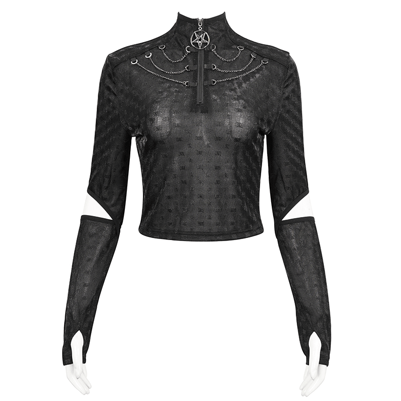 Gothic Stand Collar with Pentagram Zipper Black Top / Cool Women's Tops with Split Long Sleeves