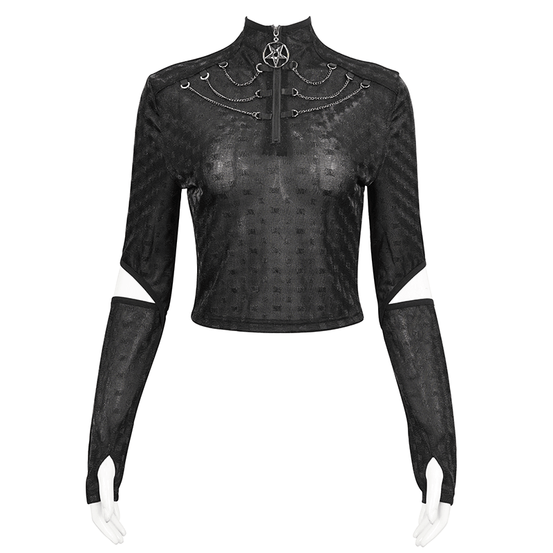 Gothic women's black long sleeve top with pentagram zipper and split long sleeves, perfect for edgy fashion lovers.