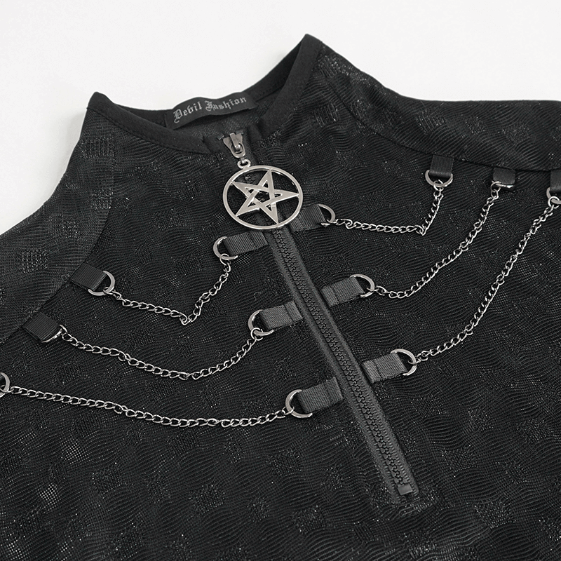 Gothic Stand Collar with Pentagram Zipper Black Top / Cool Women's Tops with Split Long Sleeves