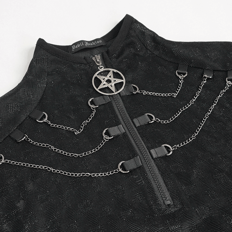 Gothic black top with stand collar and pentagram zipper, featuring chain details, perfect for trendy women's fashion.